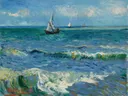 Zeegezicht bij Les Saintes-Maries-de-la-Mer van Vincent van Gogh: zee met golven, zeilboten, branding en zee, in turkoois en blauw