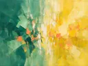 Abstract schilderij met het paletmes in zeegroen en citroengeel