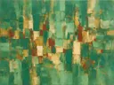 Abstract schilderij met het paletmes in zeegroen en oker