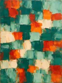 Abstract schilderij met het paletmes in zeegroen en vermiljoen