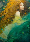 Vrouw met gouden lokken onderwater schilderij, dromerig kunstwerk