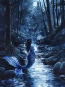 Fantasie schilderij van een zeemeermin in een blauw verlicht bos met beek
