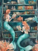 Twee zeemeerminnen die boeken lezen bij een onderwaterboekenkast omringd door koraal