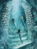 Zeemeerminnen onder de schelpenboog, surrealisme schilderij