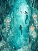 Twee zeemeerminnen in een turquoise onderwatergrot met schelpen aan de rotswanden.