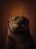 Studioportret van Zeeotter van voren, tegen een geschilderd doek in terracotta
