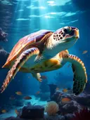 Zeeschildpad zwemt tussen tropische vissen