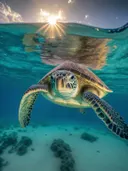Zeeschildpad zwemmend onderwater in helder turquoise water met zonlicht van boven.