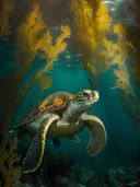 Zeeschildpad zwemt tussen zeewier onder water