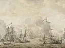 Landschapsschilderij 'Zeeslag in de Sont' naar Willem van de Velde