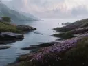 Schilderij van zeetrift bloemen langs een fjordkust