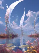 Schilderij van zeilvormige bloemen bij een bergmeer met waterlelies