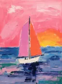 Schilderij van een zeilboot met roze en oranje zeilen op zee bij zonsondergang.