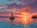 Schilderij van een zeilboot op zee bij een oranjerode avondlucht