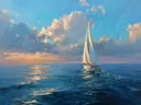 Schilderij van een zeilboot bij zonsondergang op zee