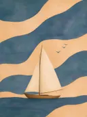 Schilderij van zeilboot in grijsblauw en abrikoos
