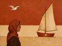 Schilderij van zeilboot in terracotta en zand, in vlakke kleurvlakken