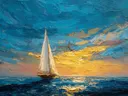 Schilderij van een zeilboot tijdens een turquoise zonsondergang