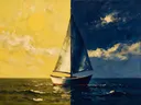 Schilderij: zeilboot in twee kleurzones, geel