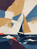 Schilderij: zeilboot in vlakken, marineblauw
