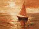 Schilderij: zeilboot met oplossende randen in terracotta