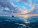 Schilderij van een zeilboot onder een bewolkte lucht
