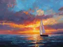 Schilderij van een zeilboot onder een vurige hemel
