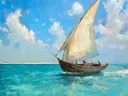 Schilderij van een zeilboot op zee met strand op de achtergrond