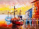 Schilderij van zeilboten in de haven bij zonsondergang