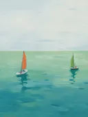 Schilderij van twee zeilboten met oranje en groene zeilen op een groenblauwe zee.