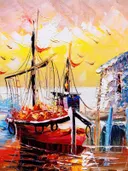 Schilderij van een zeilschip bij een pier