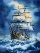 Groot historisch zeilschip met volle zeilen worstelt door hoge golven tijdens een storm