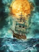 Zeilschip op stormachtige zee onder een grote gouden volle maan
