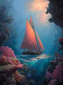 Surrealistisch schilderij van een zeilschip onder water tussen koraal