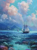 Schilderij van een zeilschip met zicht op koraal onder het wateroppervlak