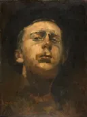 Zelfportret met lorgnet van George Hendrik Breitner: portret met man, bril, zelfportret en hoed, in donkerbruin