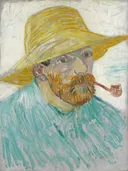 Zelfportret met pijp en strohoed van Vincent van Gogh: portret met man, strohoed, pijp en baard, in geel met turkoois