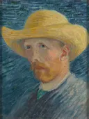 Zelfportret met strohoed van Vincent van Gogh: portret met man, strohoed, baard en zelfportret, in blauw met okergeel