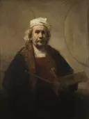 Zelfportret met twee cirkels van Rembrandt van Rijn: portret met man, witte muts, palet en cirkels, in warm bruin en oker