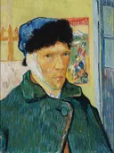 Zelfportret met verbonden oor van Vincent van Gogh: portret met man, verband, bontmuts en japanse prent, in groenblauw en geel