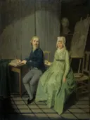 Zelfportret van (1744 1831), met zijn vrouw Agatha Ketel (1736 1802) van Wybrand Hendriks: portret met man, vrouw, atelier en groene jurk, in gedempt groen en grijs