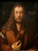 Zelfportret van Albrecht Dürer: portret met man, lang haar, bontjas en zelfportret, in warm bruin
