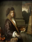 Zelfportret van Ary de Vois: portret met schilder, palet, ezel en krullend haar, in donker bruin
