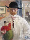 Zelfportret van Carl Larsson: portret met man, zwarte hoed, pop en deur, in wit met zwart en rood