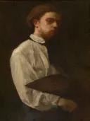 Zelfportret van Henri Fantin-Latour: portret met man, palet, zelfportret en wit hemd, in donker bruin met wit