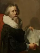 Zelfportret van Paulus Moreelse: portret met man, kraag, papier en rode stoel, in warm bruin met wit