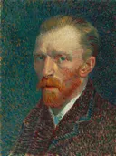 Zelfportret van Vincent van Gogh: portret met man, zelfportret, baard en jas, in turquoise met oranje