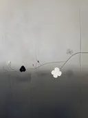 Minimalistisch schilderij met twijg en bloesems