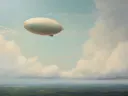 Schilderij van een zeppelin die over een landschap vliegt