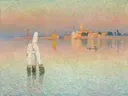 Zicht op Murano van Emile Claus: zee met lagune, zonsondergang, palen en water, in roze en goud